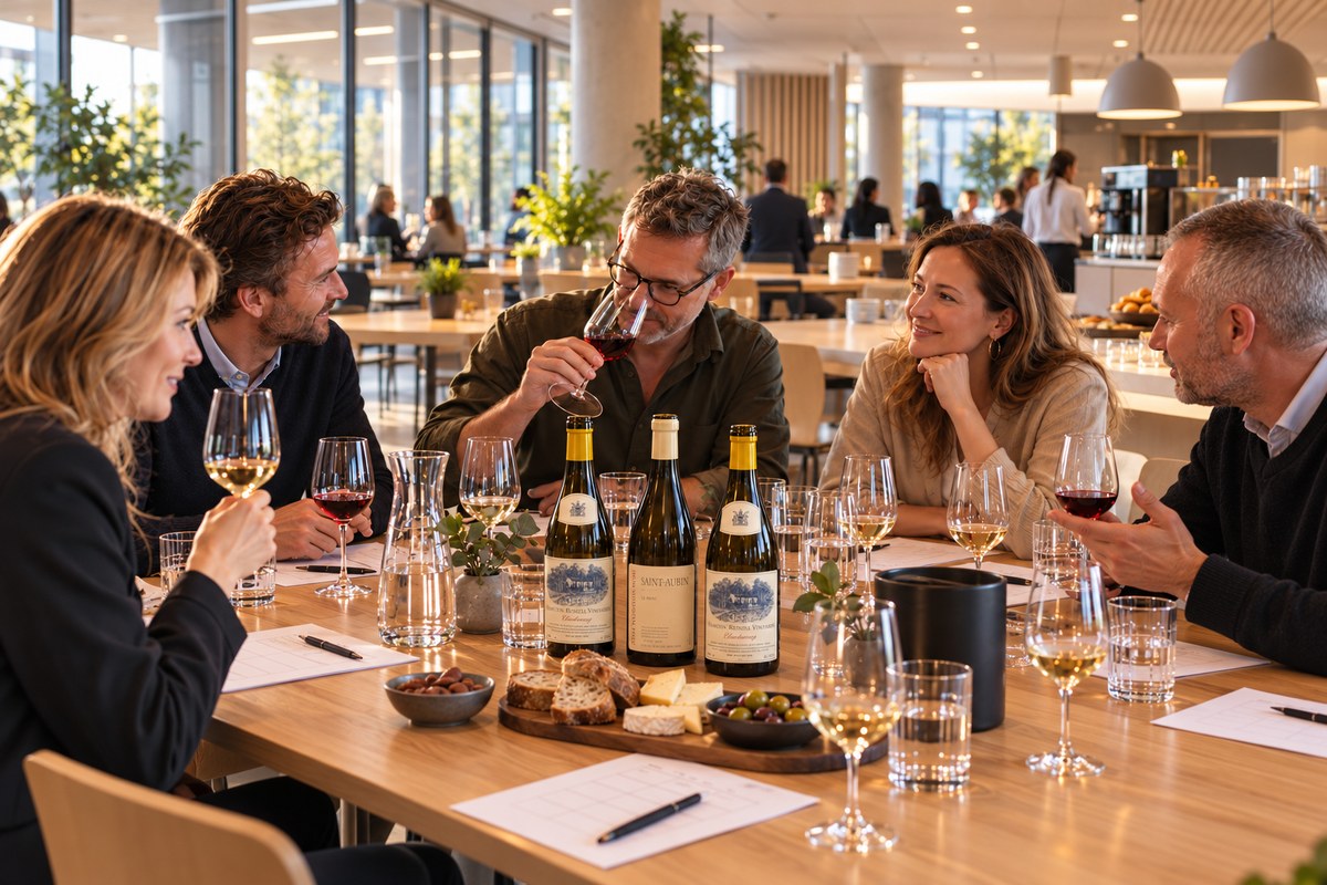 Kollegaer til vinsmagning i en moderne firmakantine